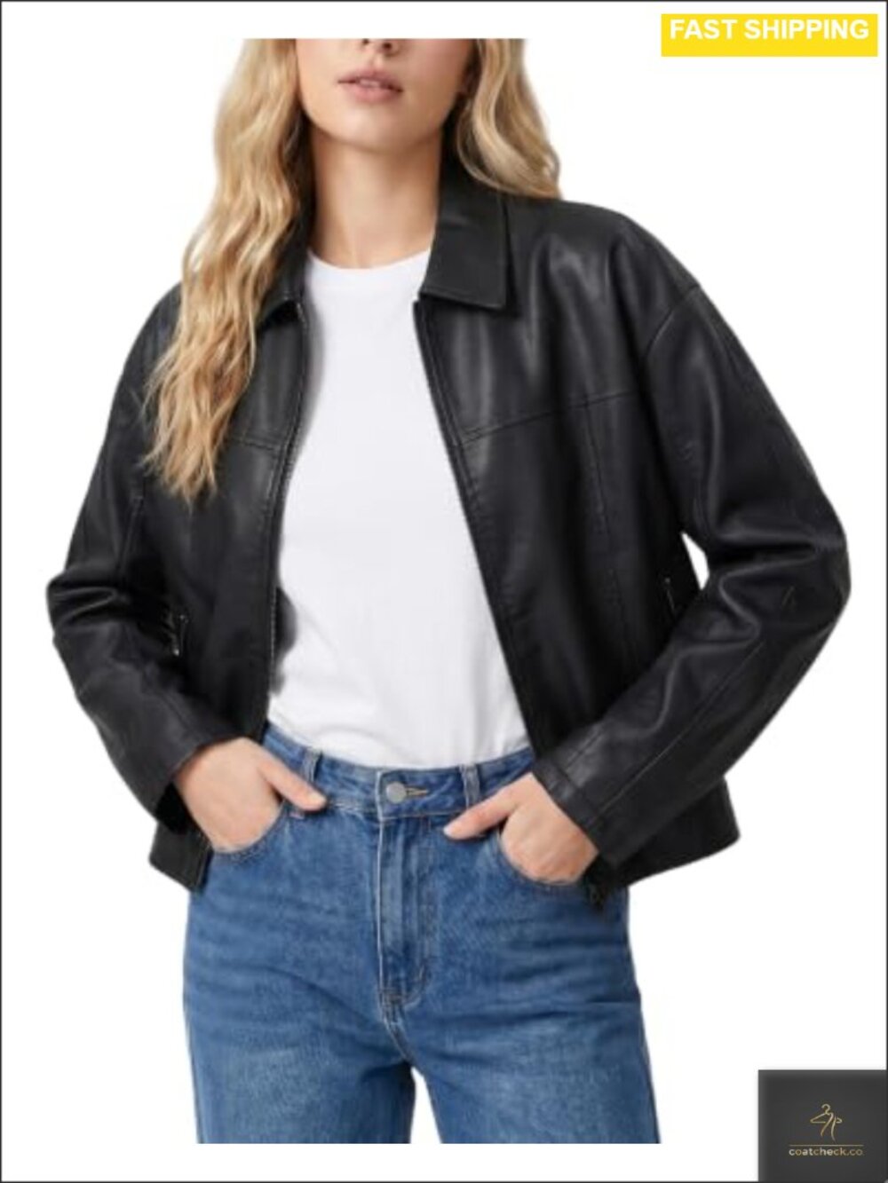 Faux Leather Jacket Women Collared Zip-Up Bomber Biker Moto Casual Outerwear